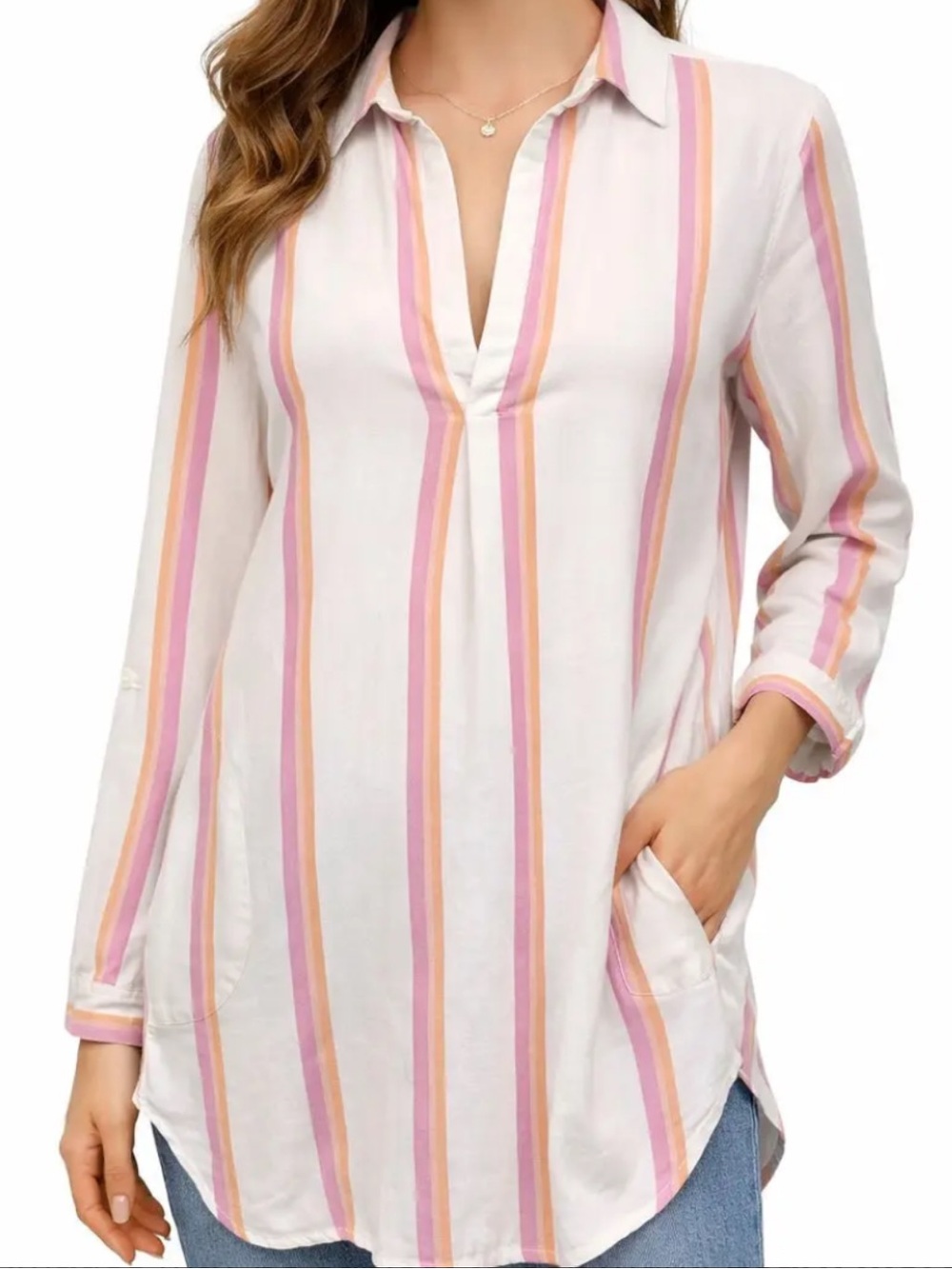 For Cynthia Linen Blend Tunic with Pink and Orange Stripes Ladies Small